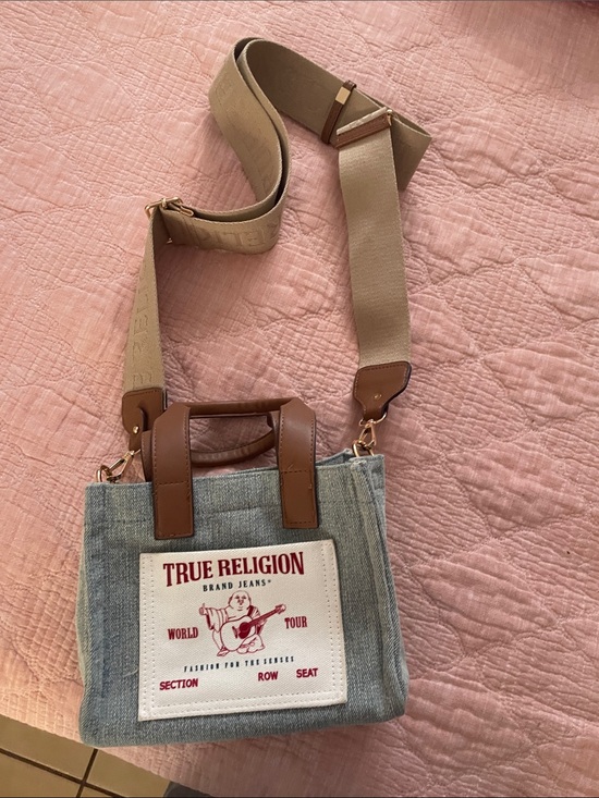 True Religion Handbags - True Religion Light Blue Denim Crossbody with Brown Trim and Beige Strap